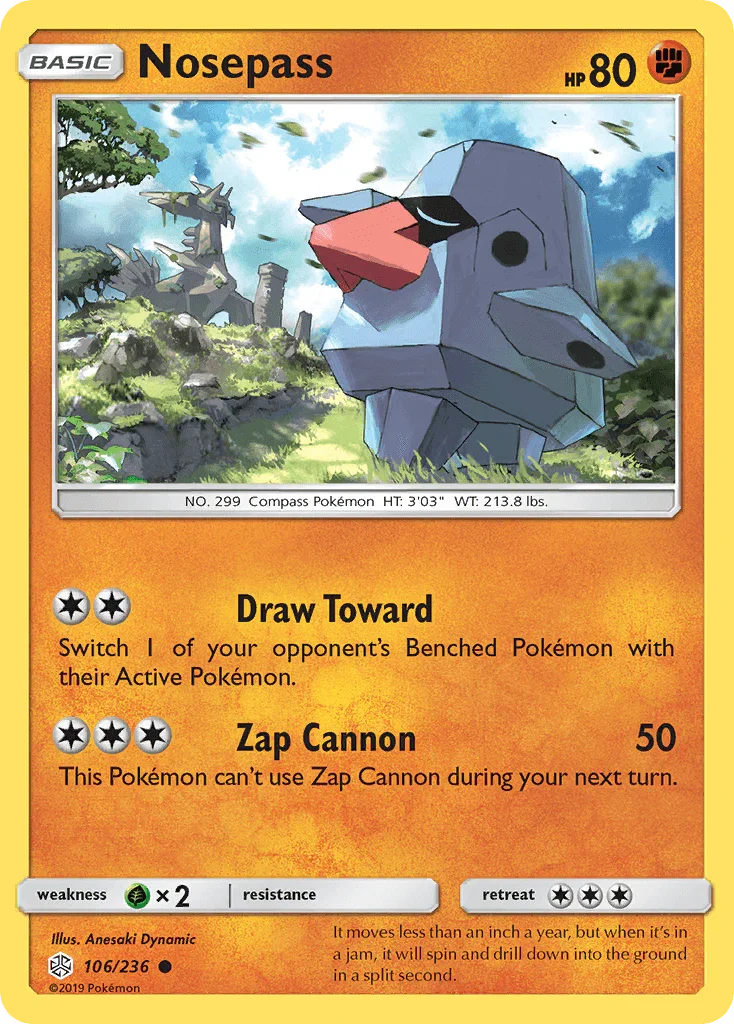 106, Common, Fighting, Grass[×2], Normal, Reverse Holofoil, Sun & Moon: Cosmic Eclipse Nosepass (106/236) [Sun & Moon: Cosmic Eclipse] - Trading Card World