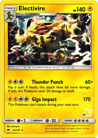 43, Battle Academy 2020, Fighting[×2], Lightning, Metal[-20], Normal, Promo Electivire (43/147) (Pikachu Stamp #32) [Battle Academy 2020] - Trading Card World