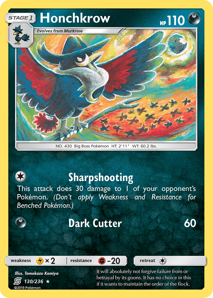130, Darkness, Fighting[-20], Lightning[×2], Normal, Rare, Reverse Holofoil, Sun & Moon: Unified Minds Honchkrow (130/236) [Sun & Moon: Unified Minds] - Trading Card World