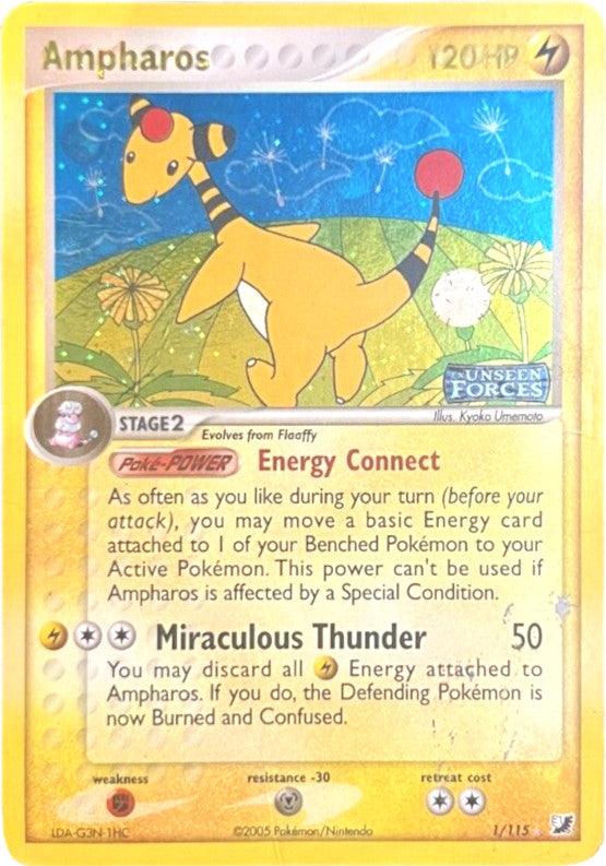 EX: Unseen Forces, Fighting[×2], Holo Rare, Lightning, Metal[-30], Reverse Holofoil Ampharos (1/115) (Stamped) [EX: Unseen Forces] - Trading Card World