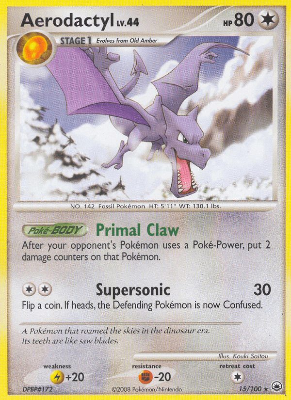 15, Colorless, Diamond & Pearl: Majestic Dawn, Fighting[-20], Lightning[+20], Normal, Rare, Reverse Holofoil Aerodactyl (15/100) [Diamond & Pearl: Majestic Dawn] - Trading Card World
