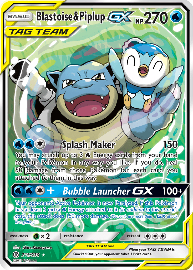 215, Grass[×2], Holofoil, Sun & Moon: Cosmic Eclipse, Ultra Rare, Water Blastoise & Piplup GX (215/236) [Sun & Moon: Cosmic Eclipse] - Trading Card World