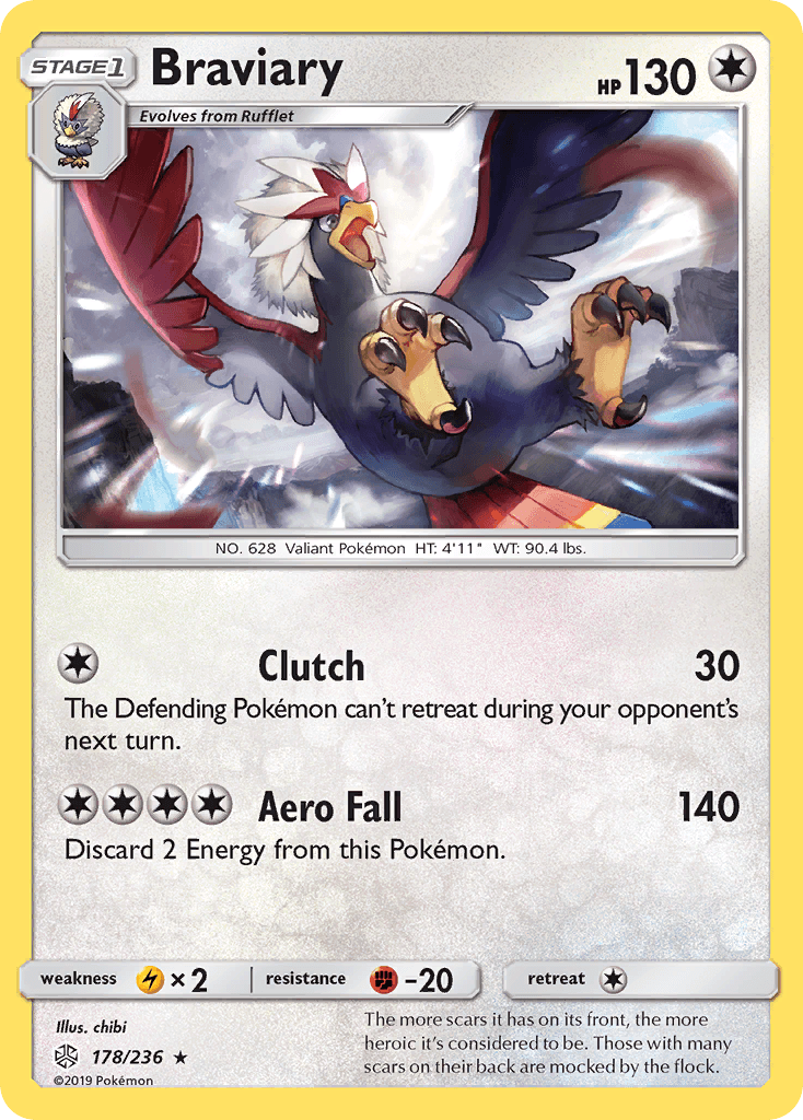 178, Colorless, Fighting[-20], Lightning[×2], Normal, Rare, Reverse Holofoil, Sun & Moon: Cosmic Eclipse Braviary (178/236) [Sun & Moon: Cosmic Eclipse] - Trading Card World