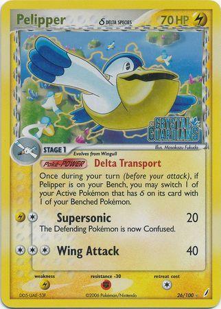 26, EX: Crystal Guardians, Fighting[-30], Lightning, Lightning[×2], Rare, Reverse Holofoil Pelipper (26/100) (Delta Species) (Stamped) [EX: Crystal Guardians] - Trading Card World