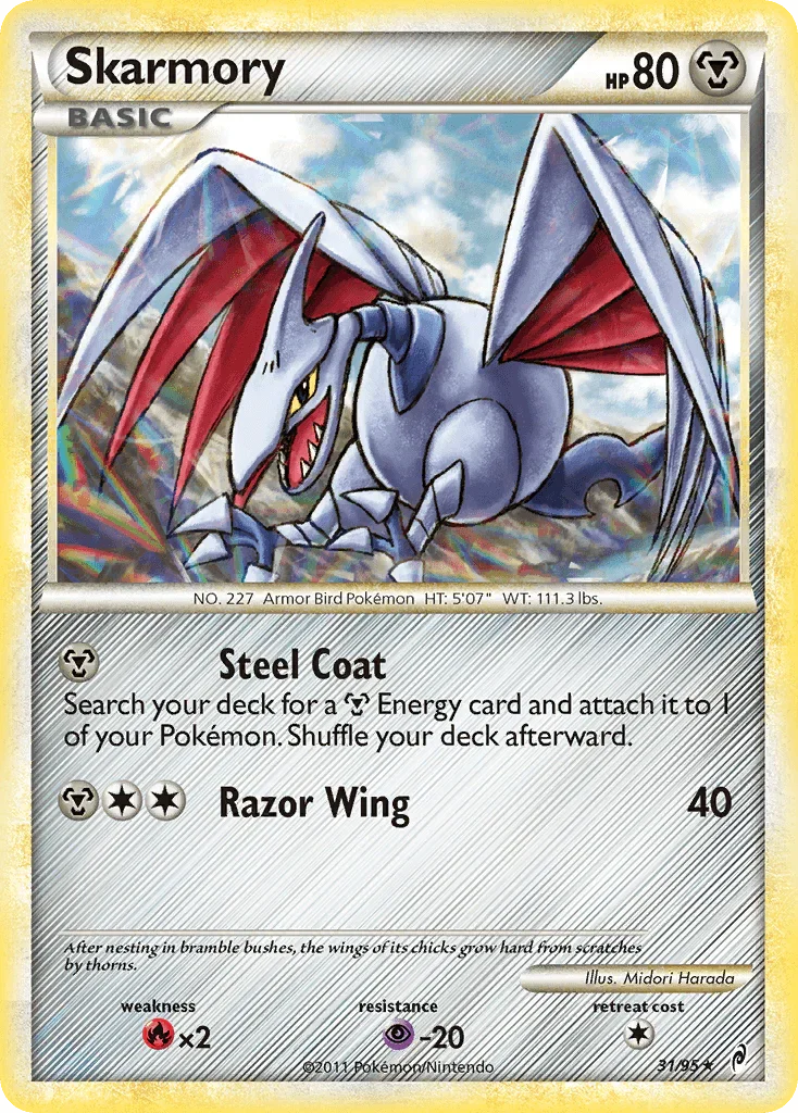31, Fire[×2], HeartGold & SoulSilver: Call of Legends, Metal, Normal, Psychic[-20], Rare, Reverse Holofoil Skarmory (31/95) [HeartGold & SoulSilver: Call of Legends] - Trading Card World