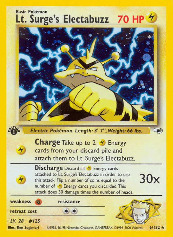 1st Edition Holofoil, Fighting[×2], Gym Heroes 1st Edition, Holo Rare, Lightning Lt. Surge's Electabuzz (6/132) [Gym Heroes 1st Edition] - Trading Card World