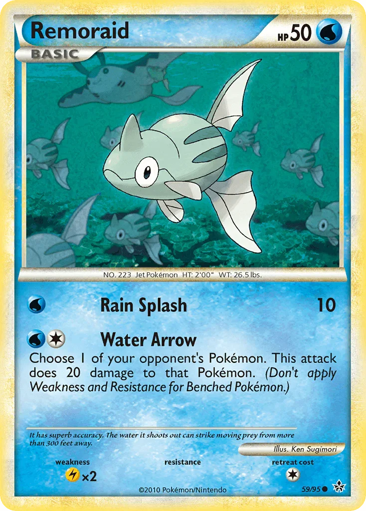 59, Common, HeartGold & SoulSilver: Unleashed, Lightning[×2], Normal, Reverse Holofoil, Water Remoraid (59/95) [HeartGold & SoulSilver: Unleashed] - Trading Card World