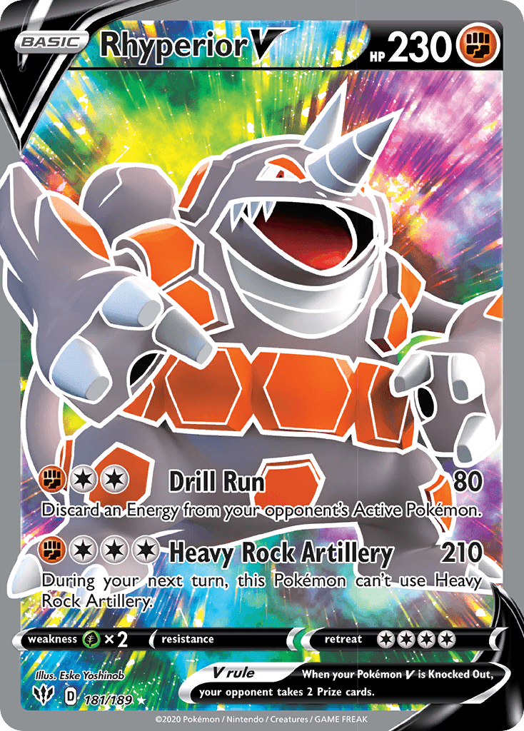 181, Fighting, Grass[×2], Holofoil, Sword & Shield: Darkness Ablaze, Ultra Rare Rhyperior V (181/189) [Sword & Shield: Darkness Ablaze] - Trading Card World