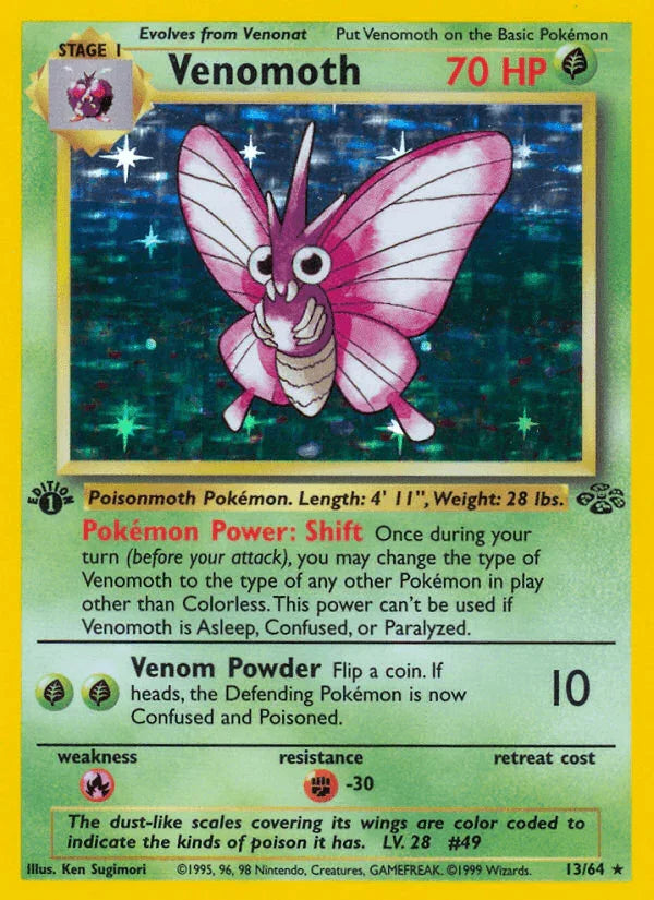 13, 1st Edition Holofoil, Fighting[-30], Fire[×2], Grass, Holo Rare, Jungle 1st Edition Venomoth (13/64) [Jungle 1st Edition] - Trading Card World