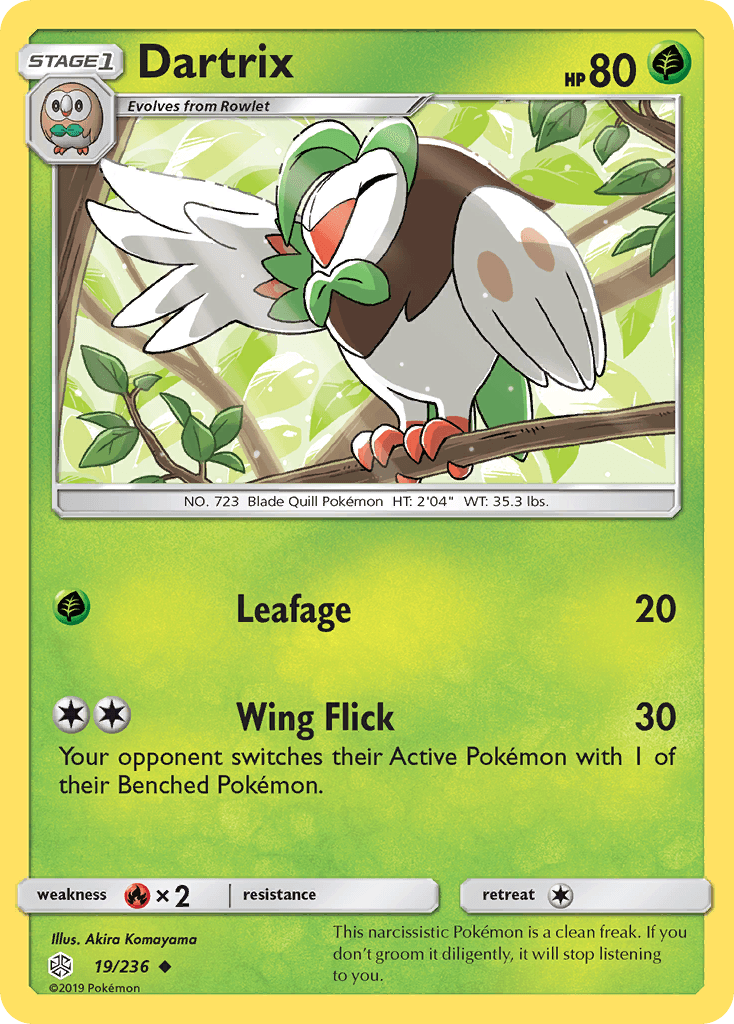 19, Fire[×2], Grass, Normal, Reverse Holofoil, Sun & Moon: Cosmic Eclipse, Uncommon Dartrix (19/236) [Sun & Moon: Cosmic Eclipse] - Trading Card World