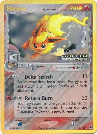 EX: Delta Species, Fire, Holo Rare, Metal, Reverse Holofoil, Water[×2] Flareon (5/113) (Delta Species) (Stamped) [EX: Delta Species] - Trading Card World