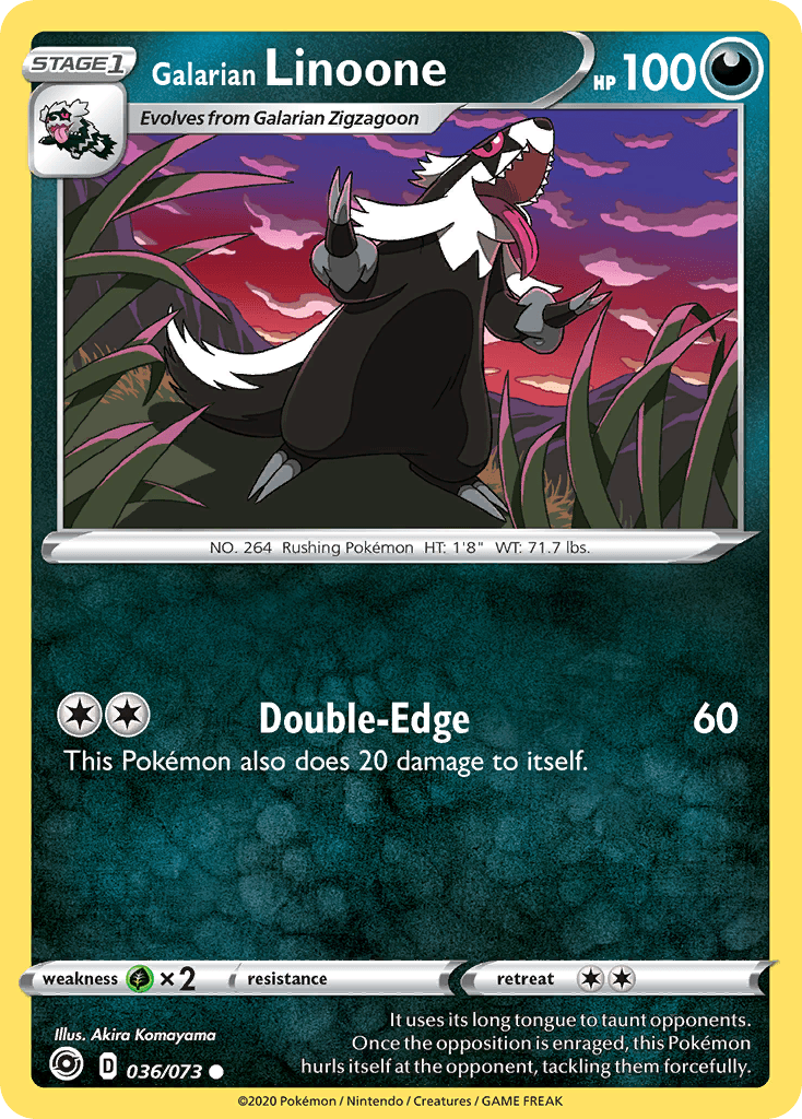036, Common, Darkness, Grass[×2], Normal, Reverse Holofoil, Sword & Shield: Champion's Path Galarian Linoone (036/073) [Sword & Shield: Champion's Path] - Trading Card World