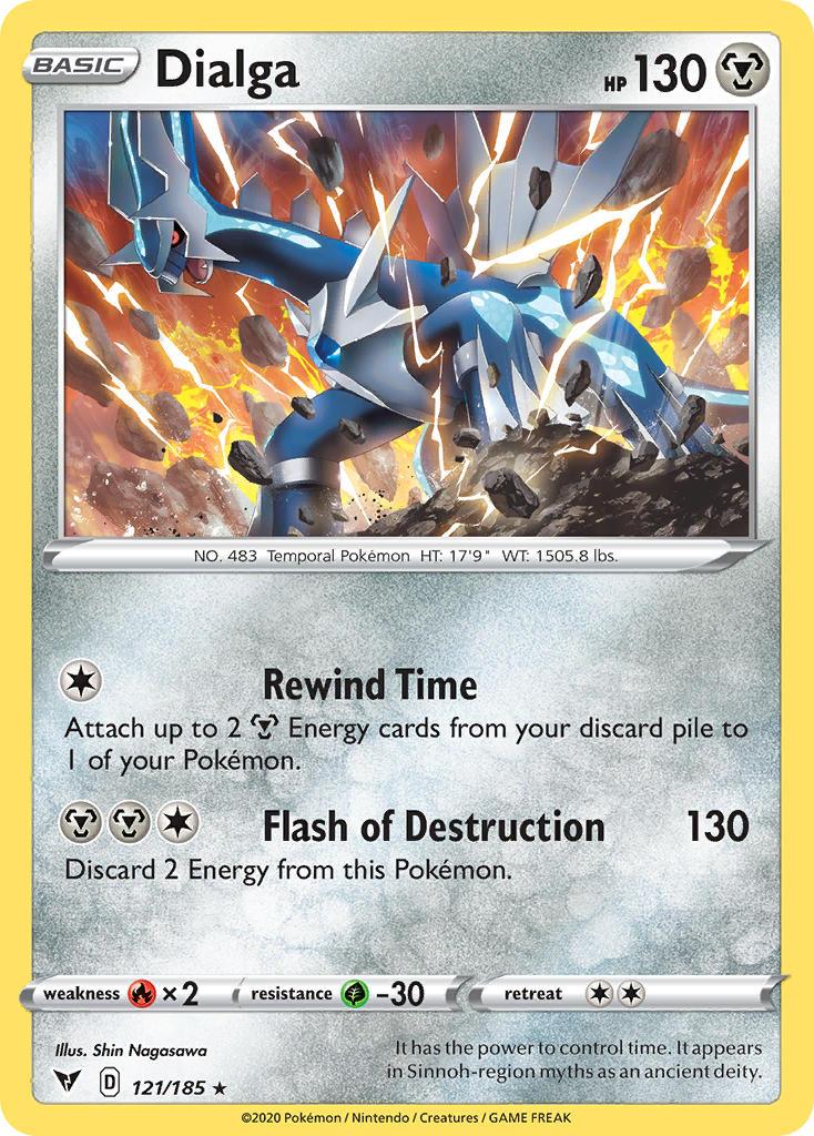 121, Fire[×2], Grass[-30], Holo Rare, Holofoil, Metal, Reverse Holofoil, Sword & Shield: Vivid Voltage Dialga (121/185) [Sword & Shield: Vivid Voltage] - Trading Card World