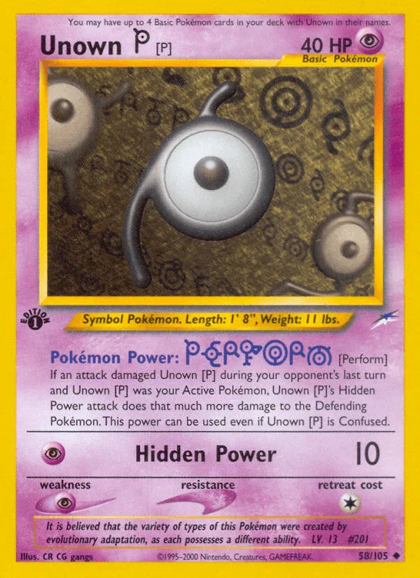 1st Edition Normal, 58, Neo Destiny 1st Edition, Psychic, Psychic[×2], Uncommon Unown [P] (58/105) [Neo Destiny 1st Edition] - Trading Card World