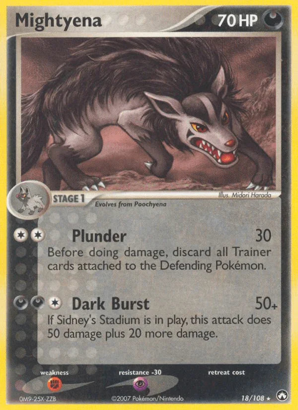 18, Darkness, EX: Power Keepers, Fighting[×2], Normal, Psychic[-30], Rare Mightyena (18/108) [EX: Power Keepers] - Trading Card World