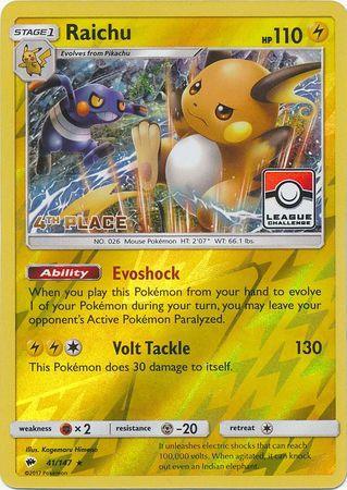 41, Fighting[×2], Lightning, Metal[-20], Promo, Reverse Holofoil, Sun & Moon: Burning Shadows Raichu (41/147) (League Promo 4th Place) [Sun & Moon: Burning Shadows] - Trading Card World