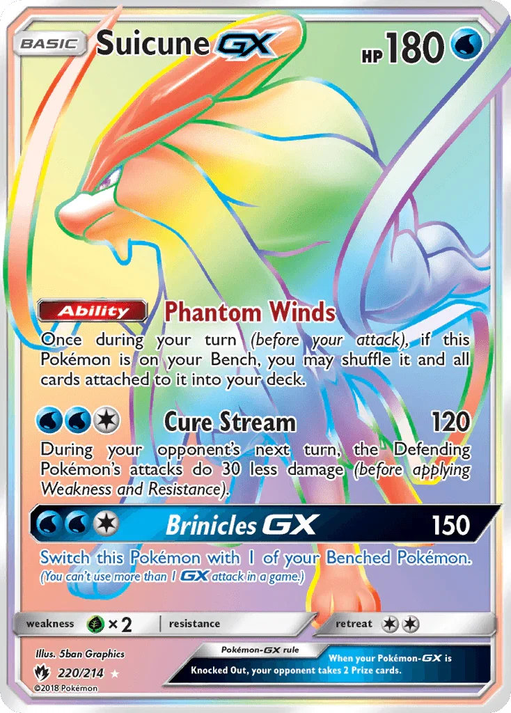220, Grass[×2], Holofoil, Secret Rare, Sun & Moon: Lost Thunder, Water Suicune GX (220/214) [Sun & Moon: Lost Thunder] - Trading Card World