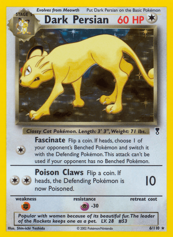 Colorless, Fighting[×2], Holo Rare, Holofoil, Legendary Collection, Psychic[-30], Reverse Holofoil Dark Persian (6/110) [Legendary Collection] - Trading Card World