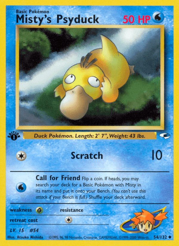1st Edition Normal, 54, Grass[×2], Gym Heroes 1st Edition, Uncommon, Water Misty's Psyduck (54/132) [Gym Heroes 1st Edition] - Trading Card World