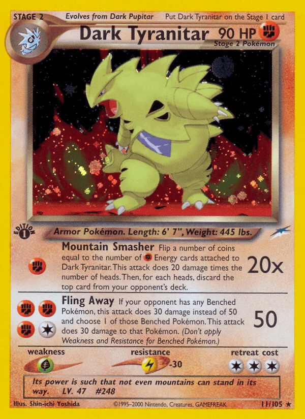 11, 1st Edition Holofoil, Fighting, Grass[×2], Holo Rare, Lightning[-30], Neo Destiny 1st Edition Dark Tyranitar (11/105) [Neo Destiny 1st Edition] - Trading Card World
