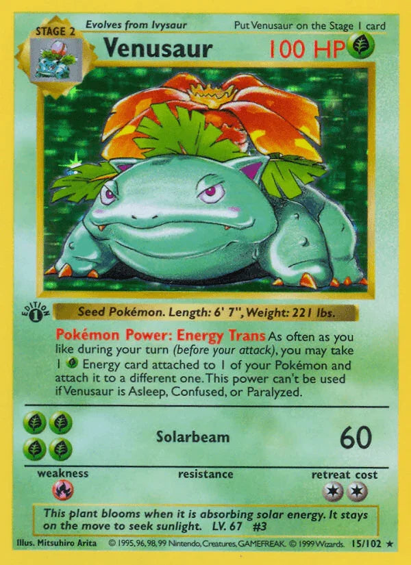 15, 1st Edition Holofoil, Base Set 1st Edition, Fire[×2], Grass, Holo Rare Venusaur (15/102) (Shadowless) [Base Set 1st Edition] - Trading Card World
