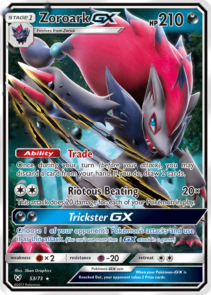 53, Darkness, Fighting[×2], Holofoil, Psychic[-20], Sun & Moon: Shining Legends, Ultra Rare Zoroark GX (53/73) [Sun & Moon: Shining Legends] - Trading Card World