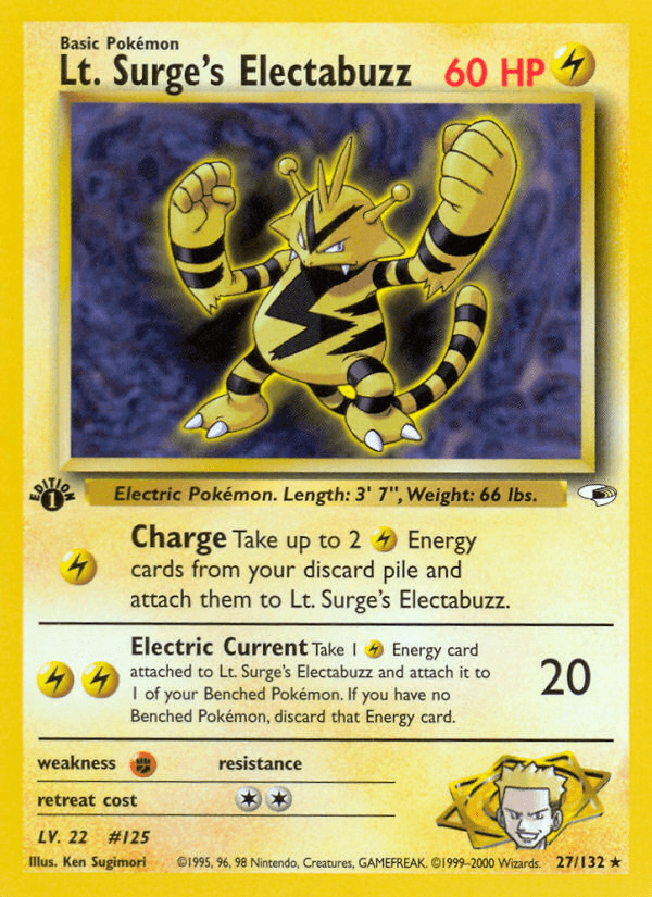 1st Edition Normal, 27, Fighting[×2], Gym Heroes 1st Edition, Lightning, Rare Lt. Surge's Electabuzz (27/132) [Gym Heroes 1st Edition] - Trading Card World