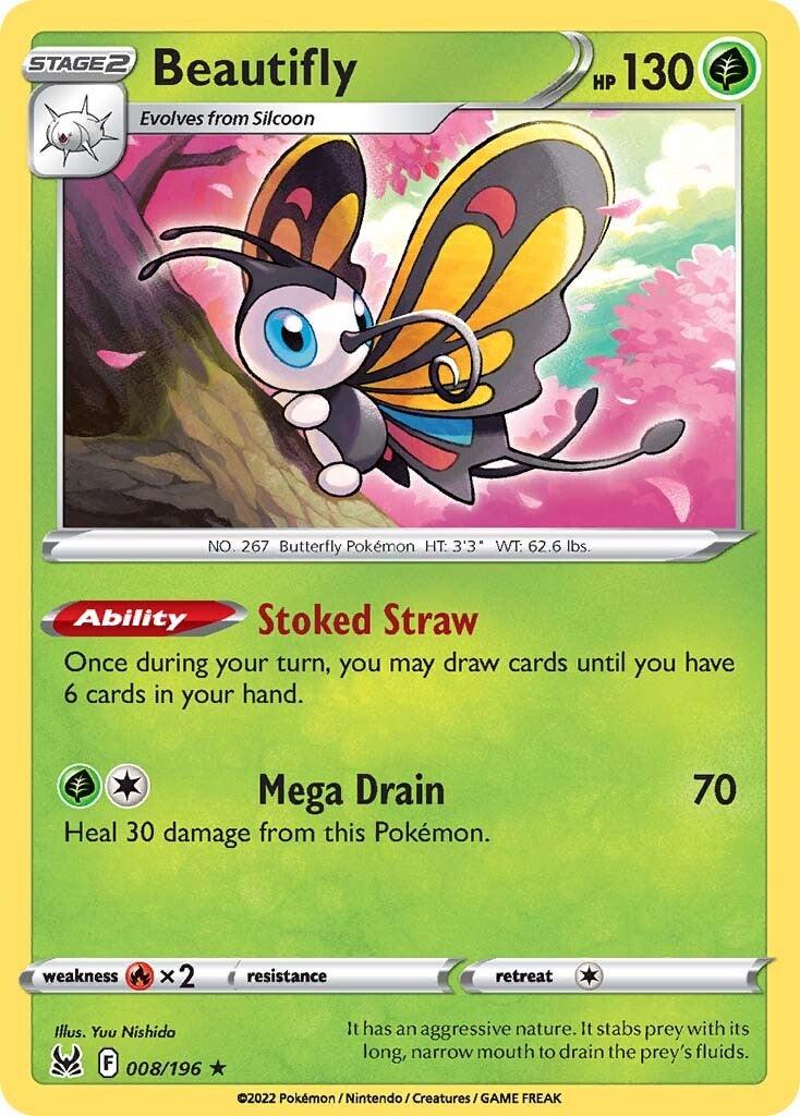 008, Fire [x2], Grass, Holo Rare, Holofoil, Reverse Holofoil, Sword & Shield: Lost Origin Beautifly (008/196) [Sword & Shield: Lost Origin] - Trading Card World