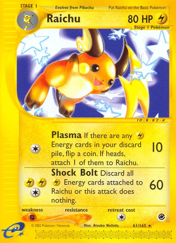 61, Expedition: Base Set, Fighting[×2], Lightning, Normal, Rare, Reverse Holofoil Raichu (61/165) [Expedition: Base Set] - Trading Card World