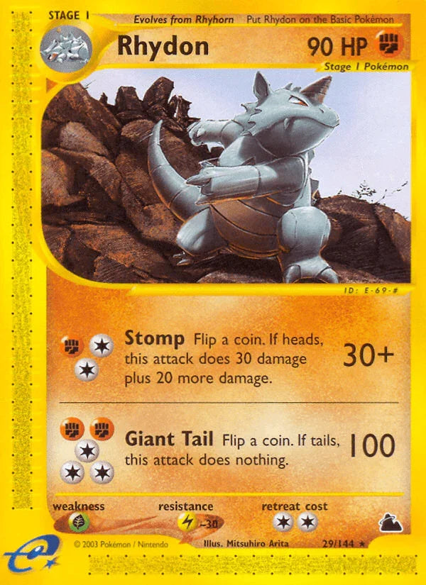 29, Fighting, Grass[×2], Lightning[-30], Normal, Rare, Reverse Holofoil, Skyridge Rhydon (29/144) [Skyridge] - Trading Card World