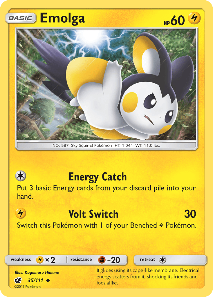 35, Fighting[-20], Lightning, Lightning[×2], Normal, Reverse Holofoil, Sun & Moon: Crimson Invasion, Uncommon Emolga (35/111) [Sun & Moon: Crimson Invasion] - Trading Card World