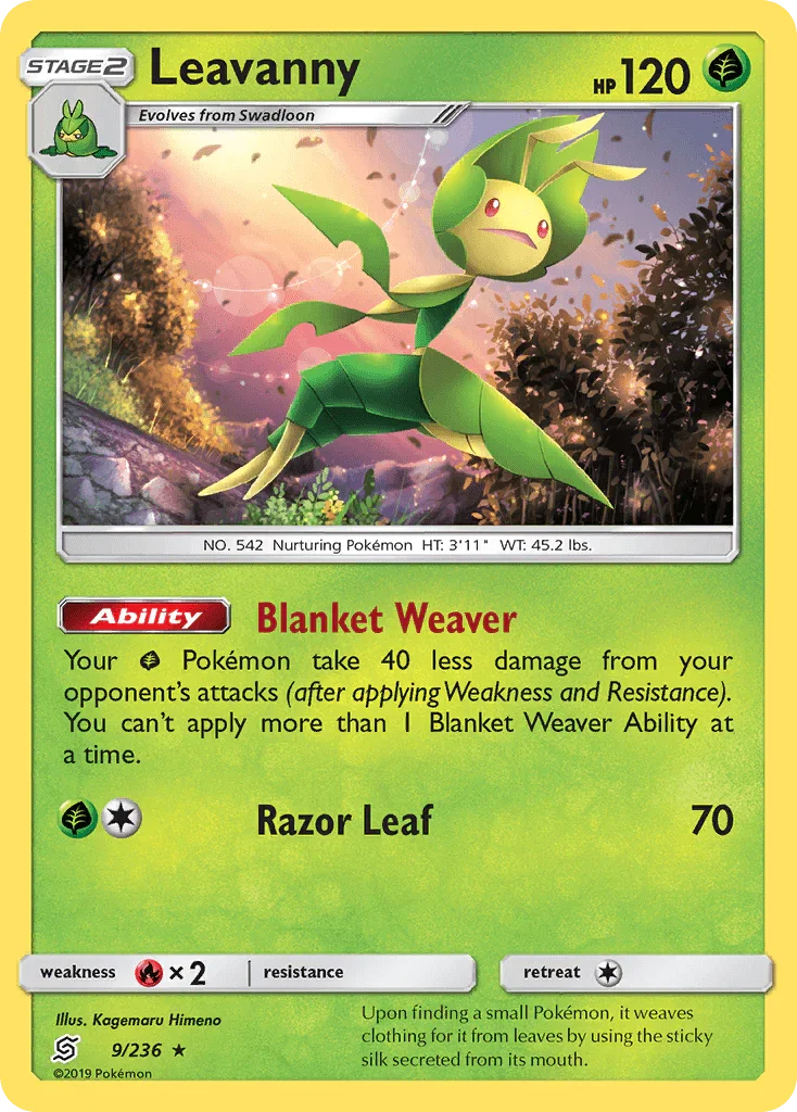 Fire[×2], Grass, Normal, Rare, Reverse Holofoil, Sun & Moon: Unified Minds Leavanny (9/236) [Sun & Moon: Unified Minds] - Trading Card World