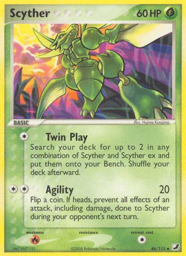 46, EX: Unseen Forces, Fire[×2], Grass, Normal, Uncommon Scyther (46/115) [EX: Unseen Forces] - Trading Card World