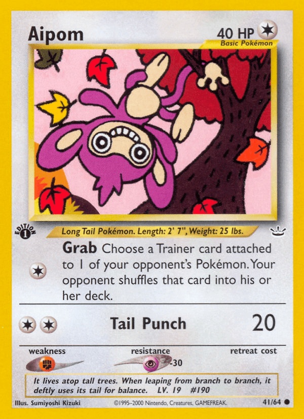 1st Edition Normal, 41, Colorless, Common, Fighting[×2], Neo Revelation 1st Edition, Psychic[-30] Aipom (41/64) [Neo Revelation 1st Edition] - Trading Card World
