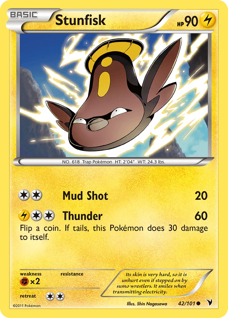 42, Black & White: Noble Victories, Common, Fighting[×2], Lightning, Normal, Reverse Holofoil Stunfisk (42/101) [Black & White: Noble Victories] - Trading Card World