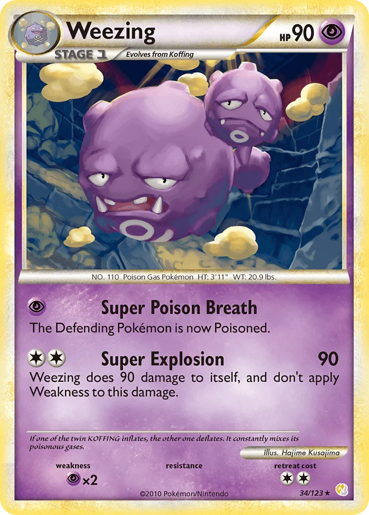 34, HeartGold & SoulSilver: Base Set, Normal, Psychic, Psychic[×2], Rare, Reverse Holofoil Weezing (34/123) [HeartGold & SoulSilver: Base Set] - Trading Card World