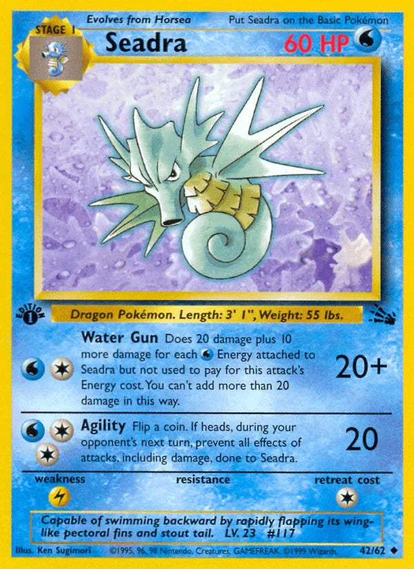 1st Edition Normal, 42, Fossil 1st Edition, Lightning[×2], Uncommon, Water Seadra (42/62) [Fossil 1st Edition] - Trading Card World