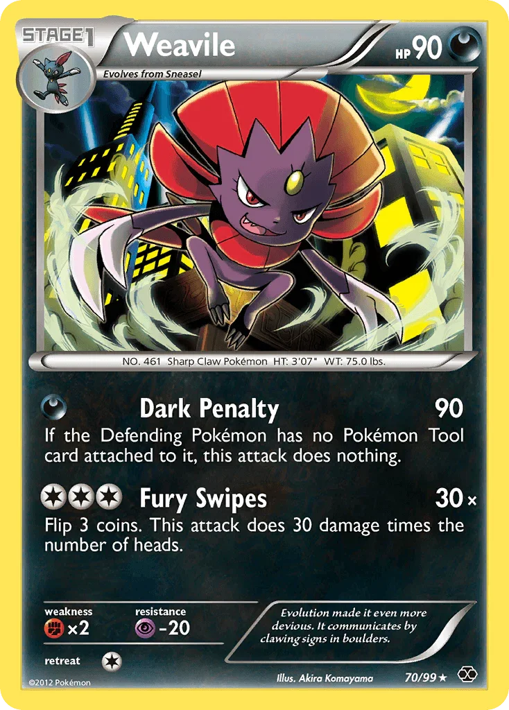 70, Black & White: Next Destinies, Darkness, Fighting[×2], Normal, Psychic[-20], Rare, Reverse Holofoil Weavile (70/99) [Black & White: Next Destinies] - Trading Card World