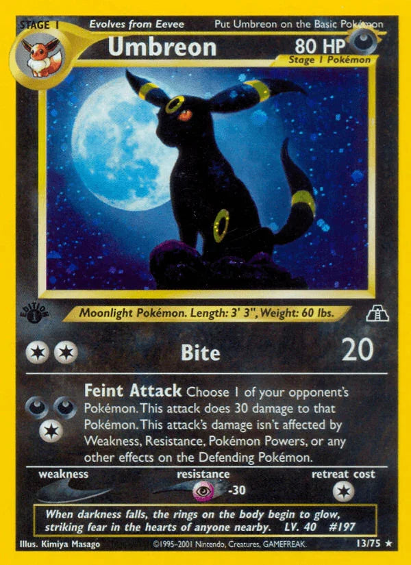 13, 1st Edition Holofoil, Darkness, Holo Rare, Neo Discovery 1st Edition, Psychic[-30] Umbreon (13/75) [Neo Discovery 1st Edition] - Trading Card World