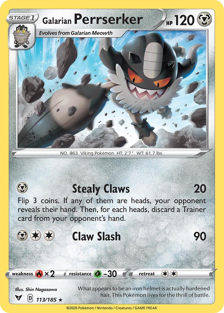 113, Fire[×2], Grass[-30], Metal, Normal, Rare, Reverse Holofoil, Sword & Shield: Vivid Voltage Galarian Perrserker (113/185) [Sword & Shield: Vivid Voltage] - Trading Card World
