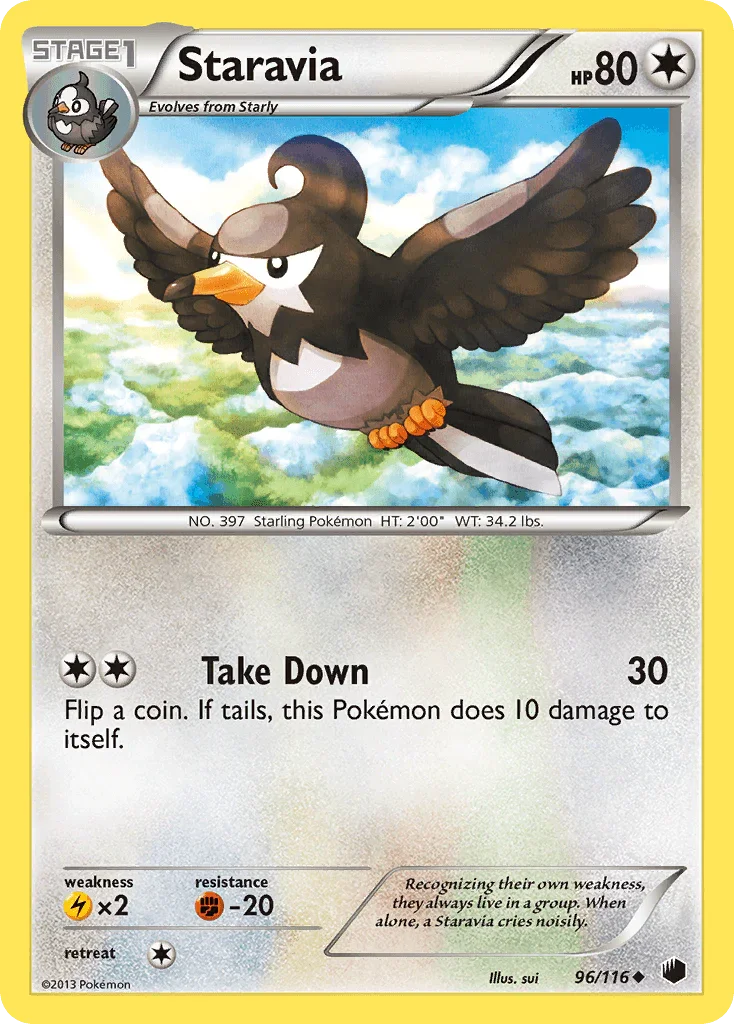 96, Black & White: Plasma Freeze, Colorless, Fighting[-20], Lightning[×2], Normal, Reverse Holofoil, Uncommon Staravia (96/116) [Black & White: Plasma Freeze] - Trading Card World