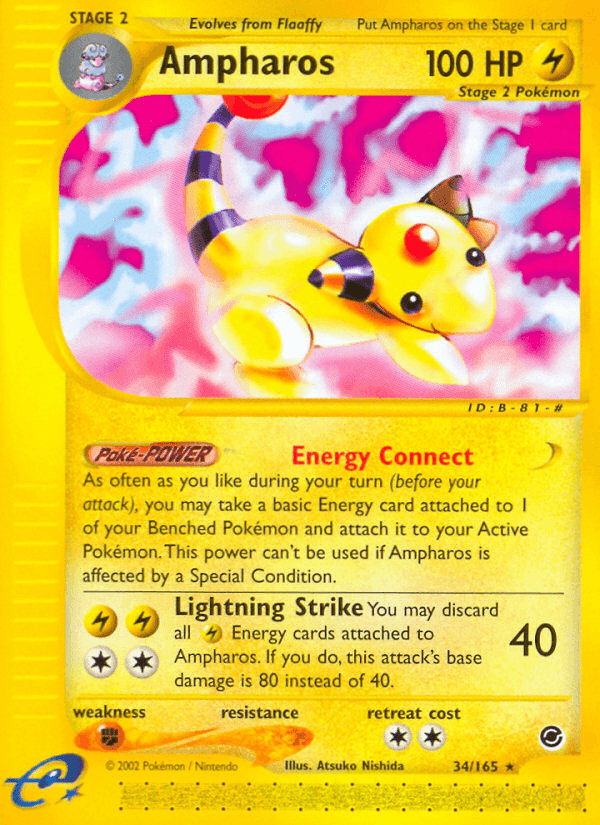34, Expedition: Base Set, Fighting[×2], Lightning, Normal, Rare, Reverse Holofoil Ampharos (34/165) [Expedition: Base Set] - Trading Card World