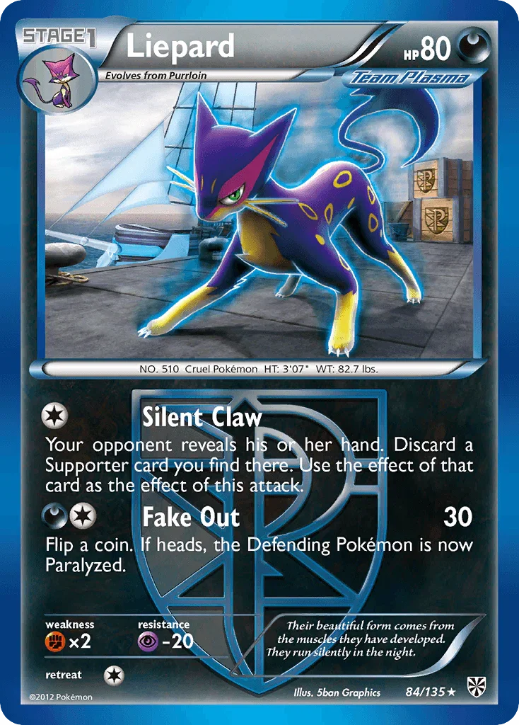 84, Black & White: Plasma Storm, Darkness, Fighting[×2], Normal, Psychic[-20], Rare, Reverse Holofoil Liepard (84/135) [Black & White: Plasma Storm] - Trading Card World
