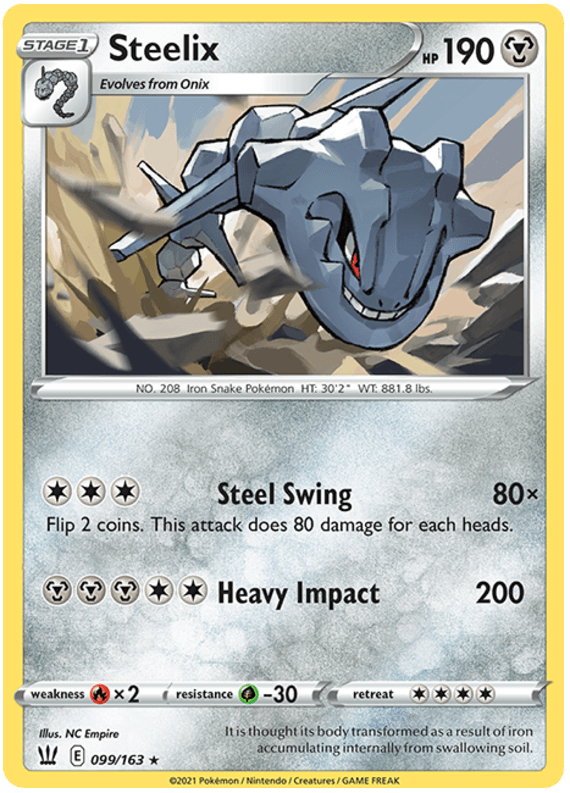 099, Fire[x2], Grass[-30], Holo Rare, Holofoil, Metal, Reverse Holofoil, Sword & Shield: Battle Styles Steelix (099/163) [Sword & Shield: Battle Styles] - Trading Card World