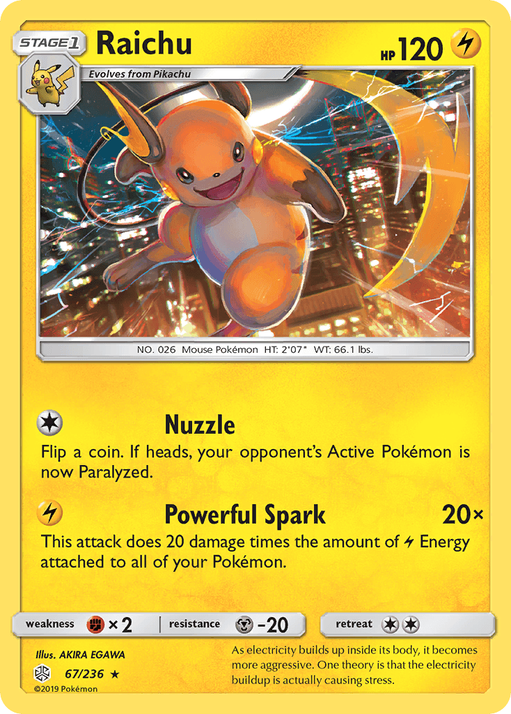 67, Fighting[×2], Lightning, Metal[-20], Normal, Rare, Reverse Holofoil, Sun & Moon: Cosmic Eclipse Raichu (67/236) [Sun & Moon: Cosmic Eclipse] - Trading Card World