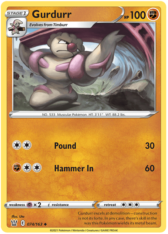 074, Fighting, Normal, Psychic[x2], Reverse Holofoil, Sword & Shield: Battle Styles, Uncommon Gurdurr (074/163) [Sword & Shield: Battle Styles] - Trading Card World