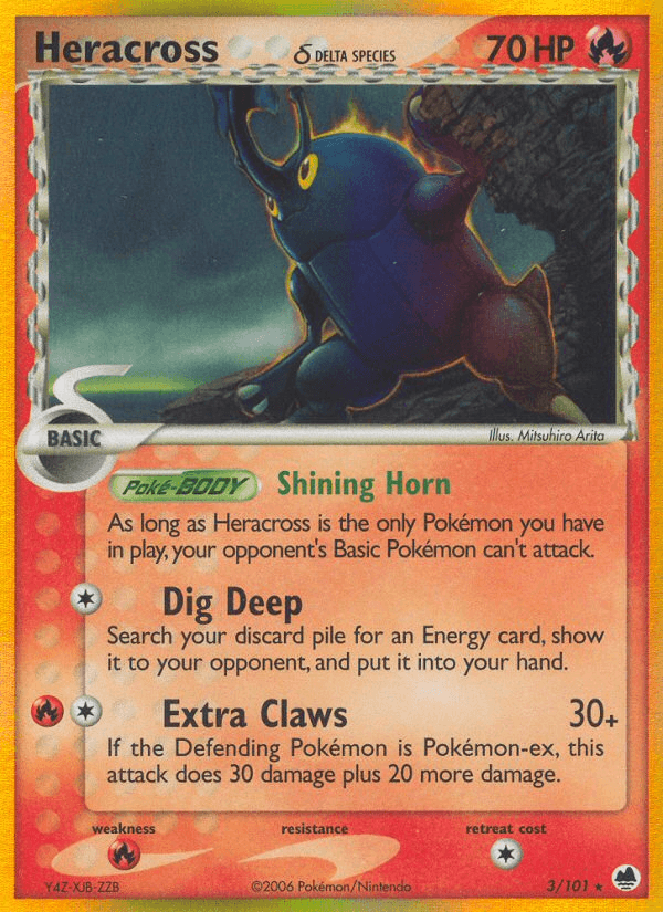 EX: Dragon Frontiers, Fire, Fire[×2], Holo Rare, Holofoil Heracross (3/101) (Delta Species) [EX: Dragon Frontiers] - Trading Card World