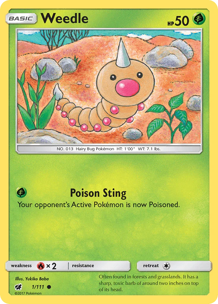 Common, Fire[×2], Grass, Normal, Reverse Holofoil, Sun & Moon: Crimson Invasion Weedle (1/111) [Sun & Moon: Crimson Invasion] - Trading Card World