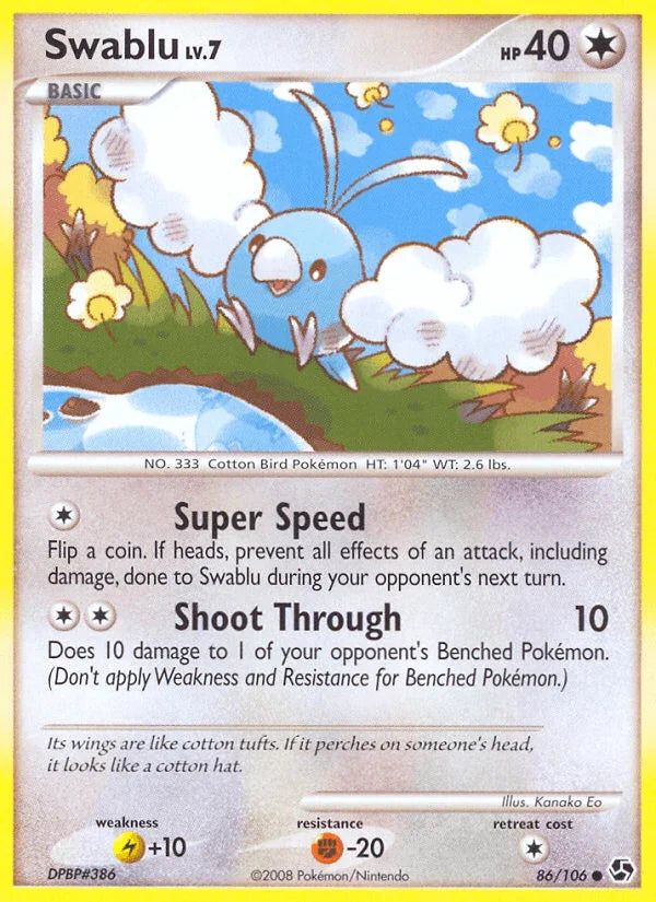 86, Colorless, Common, Diamond & Pearl: Great Encounters, Fighting[-20], Lightning[+10], Normal, Reverse Holofoil Swablu (86/106) [Diamond & Pearl: Great Encounters] - Trading Card World