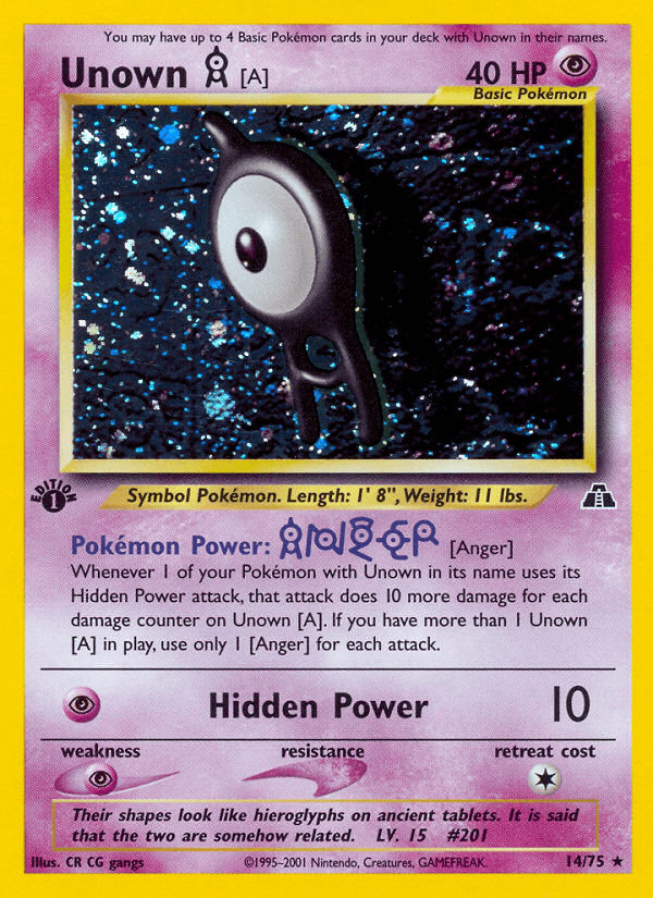 14, 1st Edition Holofoil, Holo Rare, Neo Discovery 1st Edition, Psychic, Psychic[×2] Unown [A] (14/75) [Neo Discovery 1st Edition] - Trading Card World